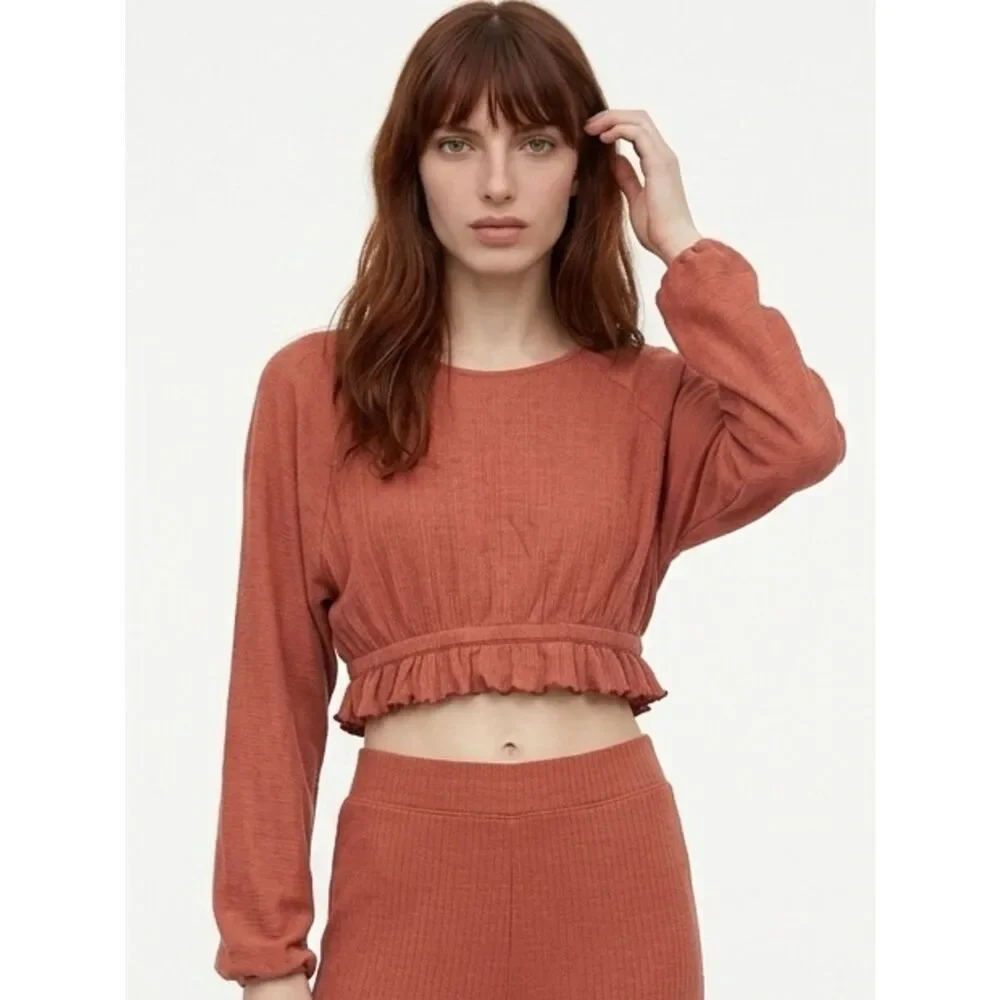 FREE PEOPLE BEACH | Rust Orange Peasant Long Sleeve Cropped Top Women’s Size S